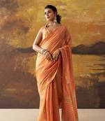 Orange modal cotton blend woven saree with zari border