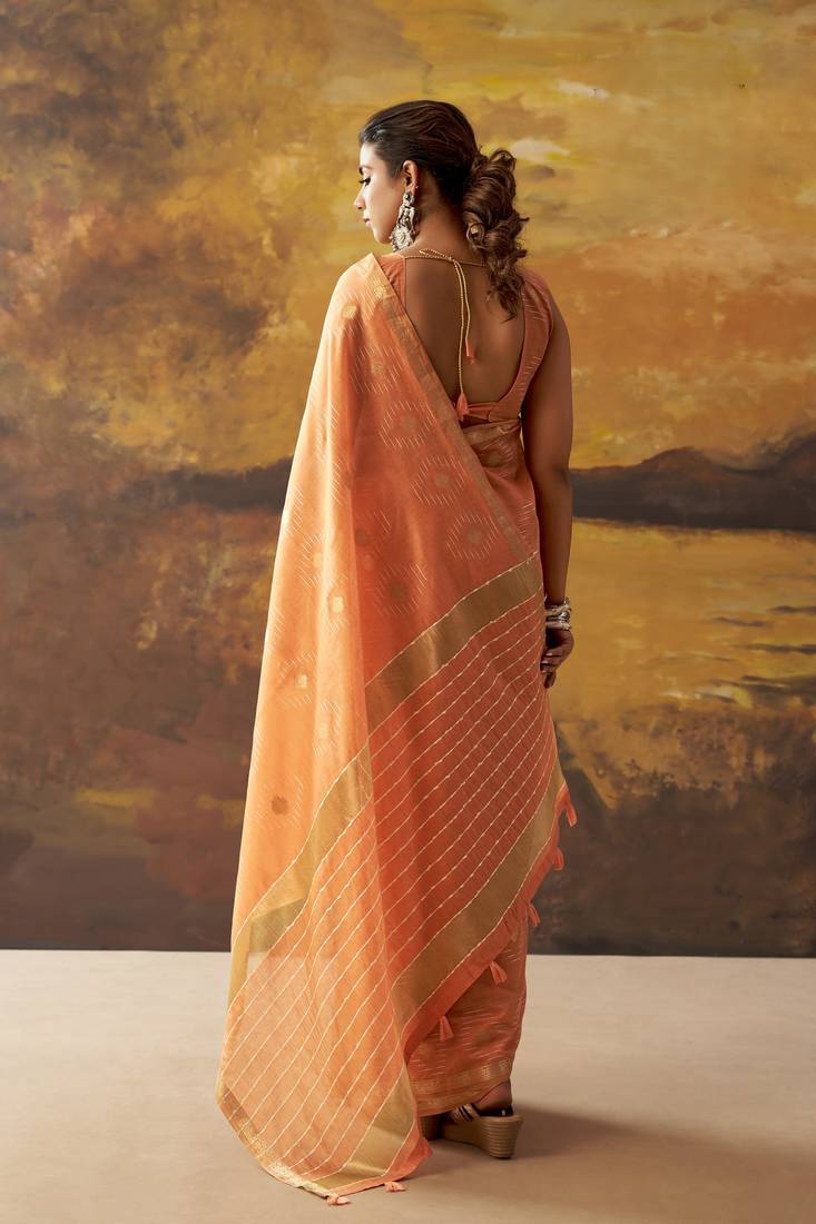 Orange modal cotton blend woven saree with zari border