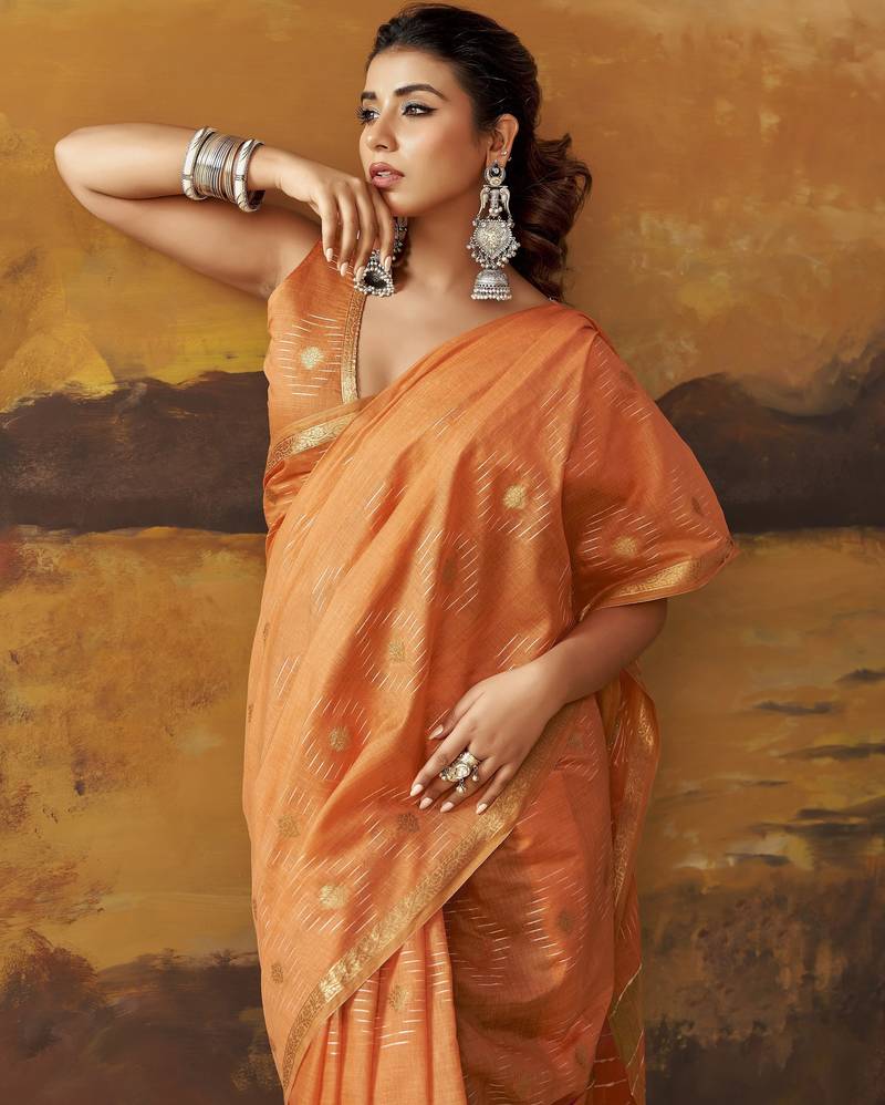 Orange modal cotton blend woven saree with zari border