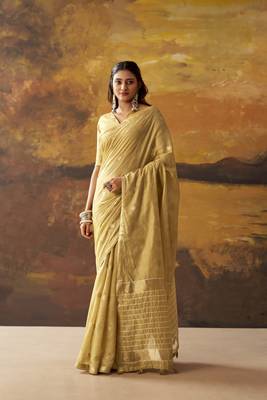 Beige modal cotton blend woven saree with zari border 1