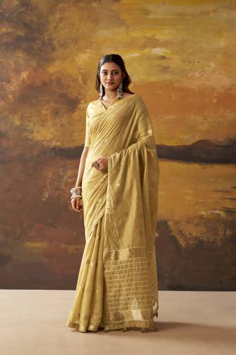 Beige modal cotton blend woven saree with zari border