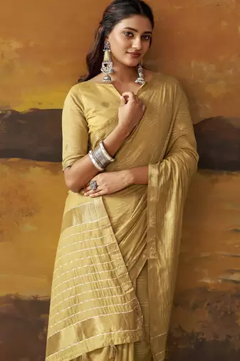 Beige modal cotton blend woven saree with zari border