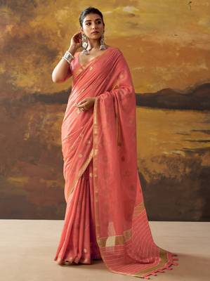 Coral modal cotton blend woven saree with zari border 1