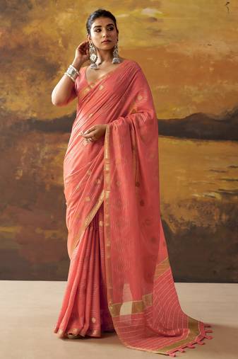 Coral modal cotton blend woven saree with zari border