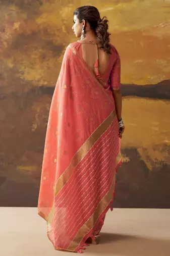 Coral modal cotton blend woven saree with zari border