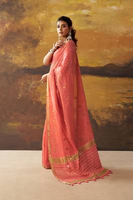 Coral modal cotton blend woven saree with zari border 3