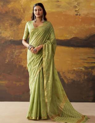 Green modal cotton blend woven saree with zari border 1