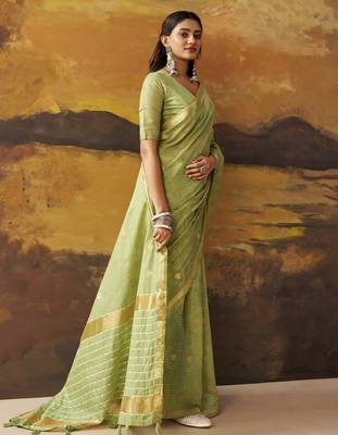 Green modal cotton blend woven saree with zari border 2