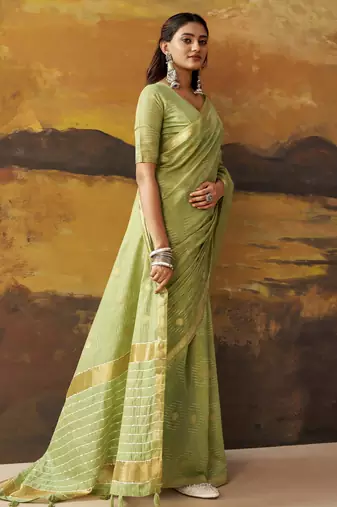 Green modal cotton blend woven saree with zari border