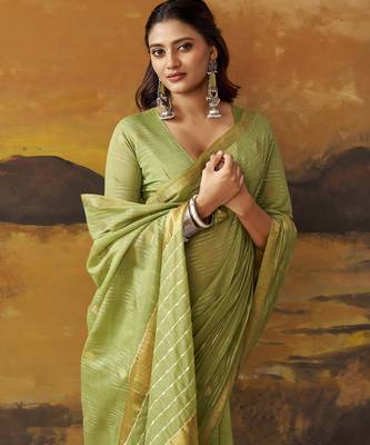 Green modal cotton blend woven saree with zari border 3