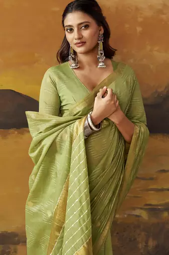 Green modal cotton blend woven saree with zari border