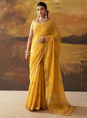 Yellow modal cotton blend woven saree with zari border 1