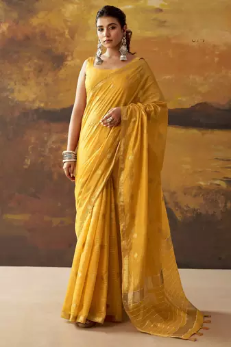 Yellow modal cotton blend woven saree with zari border
