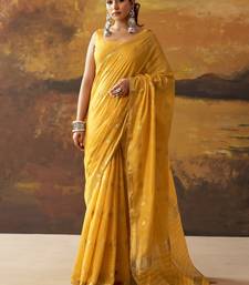Yellow modal cotton blend woven saree with zari border