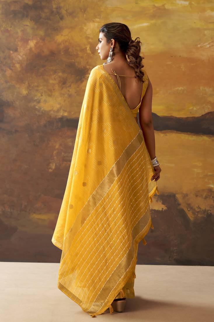 Yellow modal cotton blend woven saree with zari border