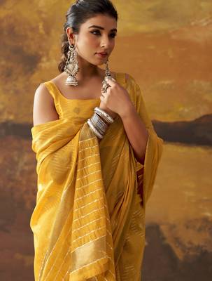 Yellow modal cotton blend woven saree with zari border 3