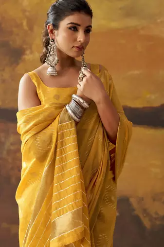 Yellow modal cotton blend woven saree with zari border
