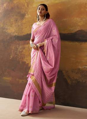 Pink modal cotton blend woven saree with zari border 1