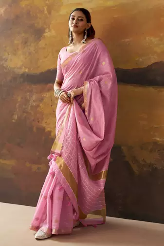 Pink modal cotton blend woven saree with zari border