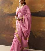 Pink modal cotton blend woven saree with zari border