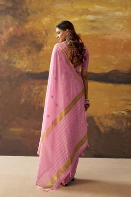 Pink modal cotton blend woven saree with zari border 2