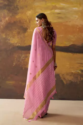 Pink modal cotton blend woven saree with zari border