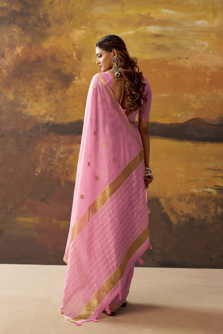 Pink modal cotton blend woven saree with zari border