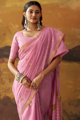 Pink modal cotton blend woven saree with zari border