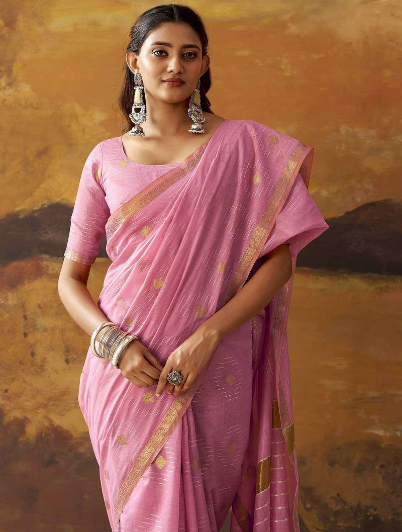 Pink modal cotton blend woven saree with zari border