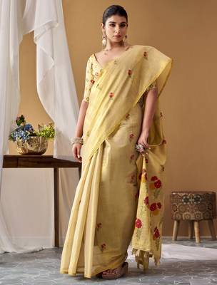 Lemon tissue silk blend floral woven saree with designer blouse 1