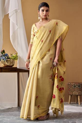 Lemon tissue silk blend floral woven saree with designer blouse