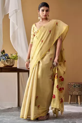 Lemon tissue silk blend floral woven saree with designer blouse