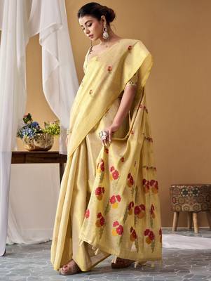 Lemon tissue silk blend floral woven saree with designer blouse 2