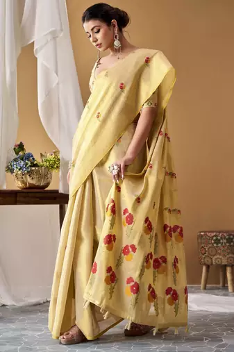 Lemon tissue silk blend floral woven saree with designer blouse