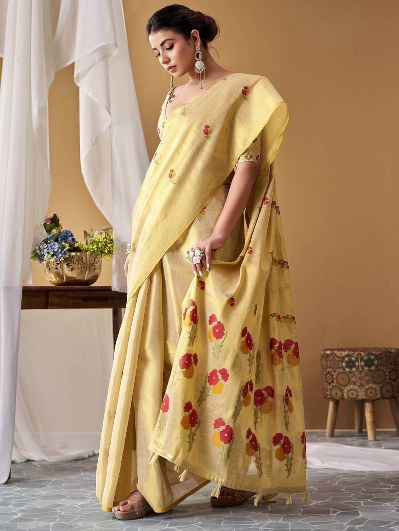 Lemon tissue silk blend floral woven saree with designer blouse