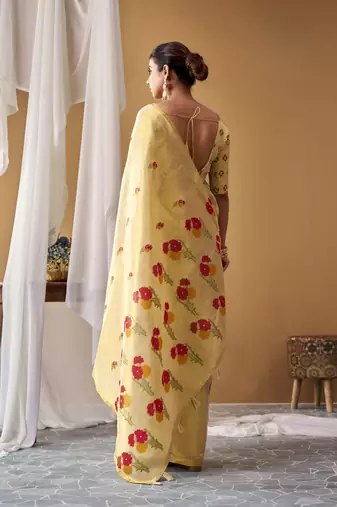Lemon tissue silk blend floral woven saree with designer blouse