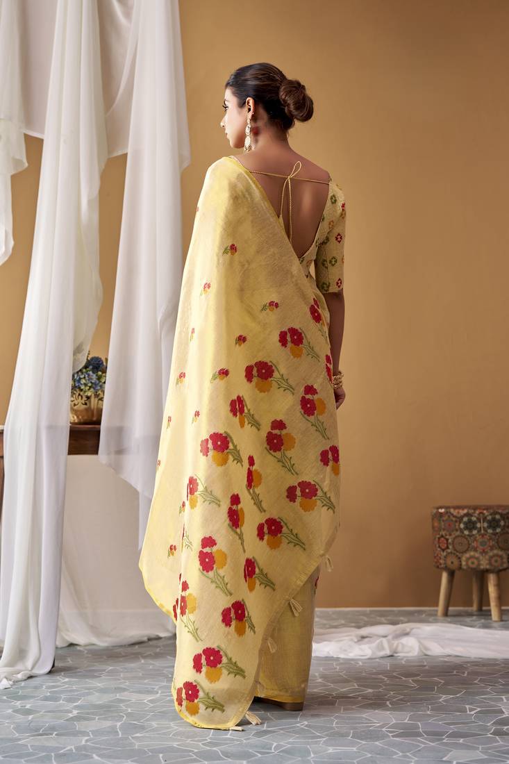 Lemon tissue silk blend floral woven saree with designer blouse