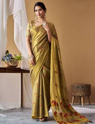 Olive tissue silk blend floral woven saree with designer blouse 1