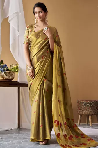 Olive tissue silk blend floral woven saree with designer blouse