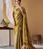 Olive tissue silk blend floral woven saree with designer blouse