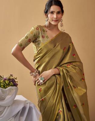 Olive tissue silk blend floral woven saree with designer blouse 2