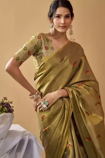 Olive tissue silk blend floral woven saree with designer blouse
