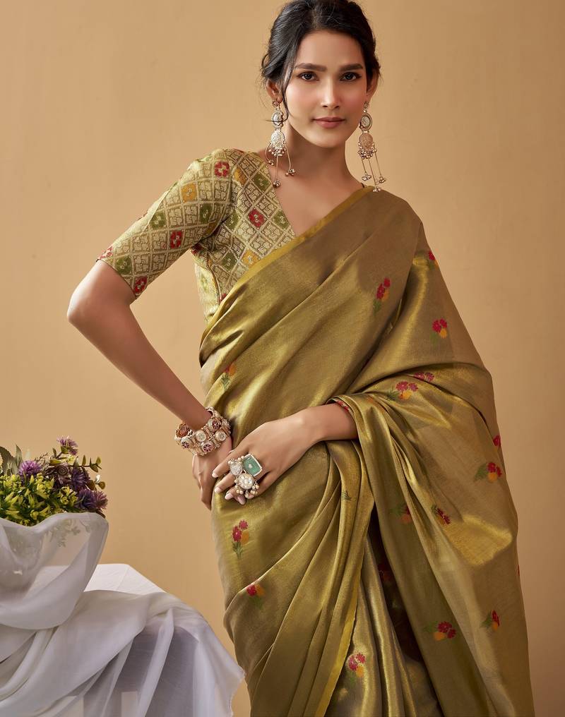 Olive tissue silk blend floral woven saree with designer blouse