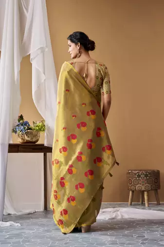 Olive tissue silk blend floral woven saree with designer blouse