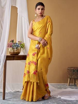 Yellow tissue silk blend floral woven saree with designer blouse 1