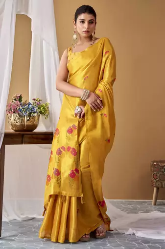 Yellow tissue silk blend floral woven saree with designer blouse