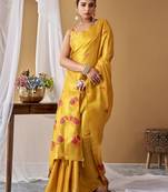 Yellow tissue silk blend floral woven saree with designer blouse