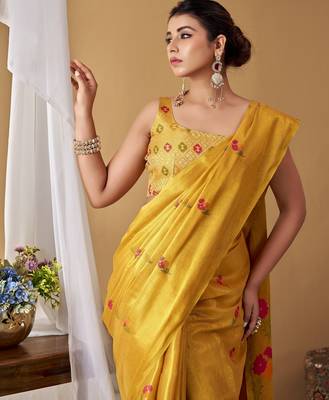 Yellow tissue silk blend floral woven saree with designer blouse 2