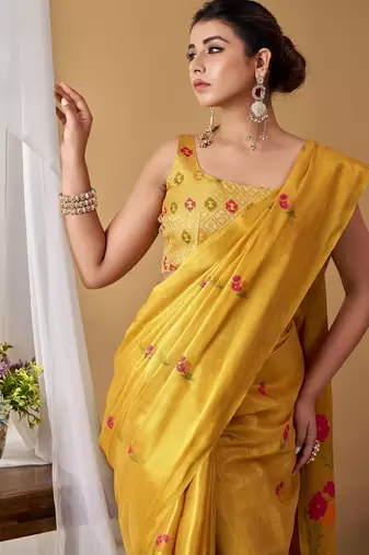 Yellow tissue silk blend floral woven saree with designer blouse