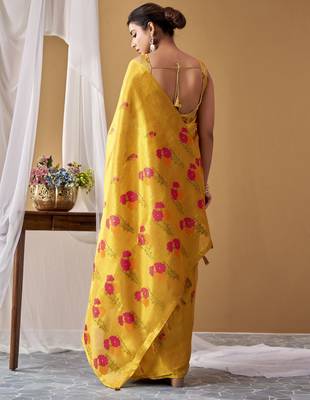 Yellow tissue silk blend floral woven saree with designer blouse 3